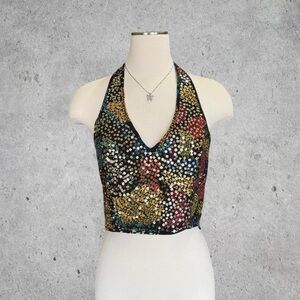 Deadstock Forever 21 Black Multicolor Print Sequins Halter Top Crop Top- M